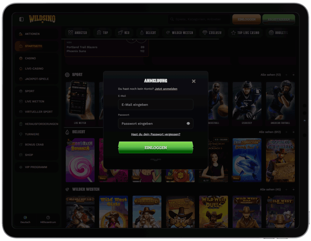 Wildsino Casino Anmelde-Tab